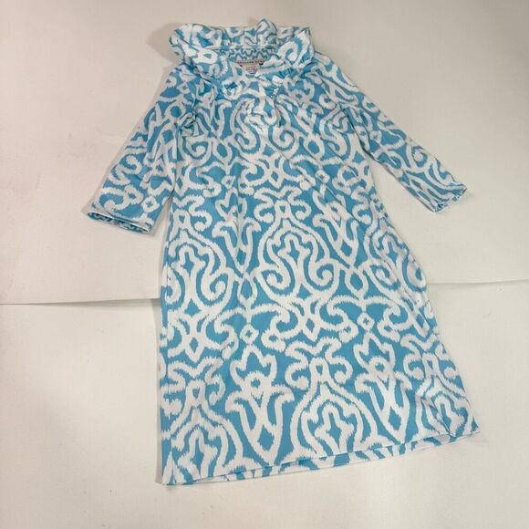 Gretchen Scott Shift Dress Womens Medium Blue Jersey Geometric Ruffle Resort - Picture 1 of 7